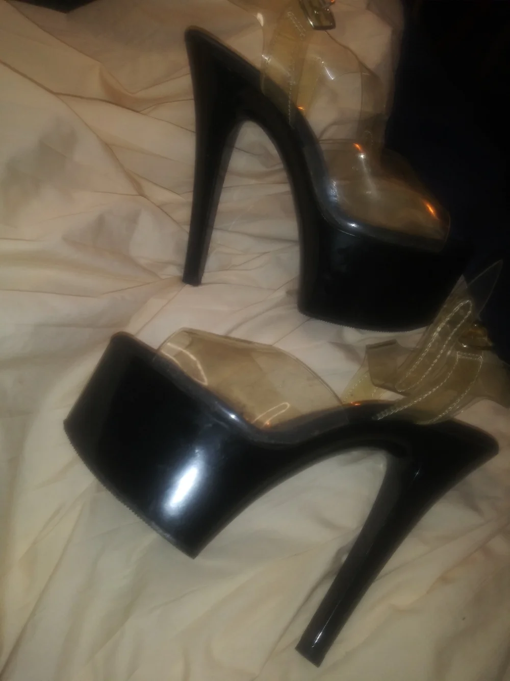 Pleaser Black Platform Clear-Strap Stiletto Sandals